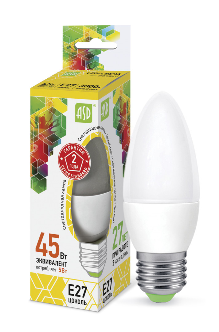 Лампа светодиодная LED-СВЕЧА-standard 5Вт 230В Е27 3000К 450Лм ASD Лампа светодиодная LED-СВЕЧА-standard 5Вт 230В Е27 3000К 450Лм ASD