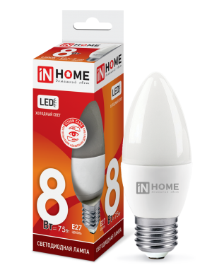 Лампа светодиодная LED-СВЕЧА-VC 8Вт 230В Е27 6500К 760Лм IN HOME Лампа светодиодная LED-СВЕЧА-VC 8Вт 230В Е27 6500К 760Лм IN HOME