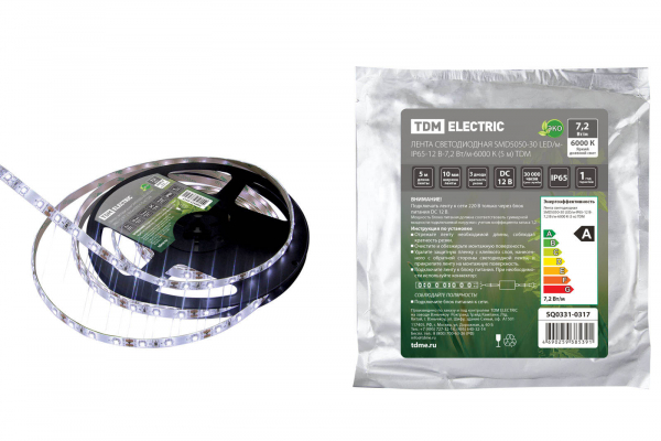 Лента светодиодная SMD5050-30 LED/м-IP65-12 В-7,2 Вт/м-6000 К (5 м) TDM Лента светодиодная SMD5050-30 LED/м-IP65-12 В-7,2 Вт/м-6000 К (5 м) TDM